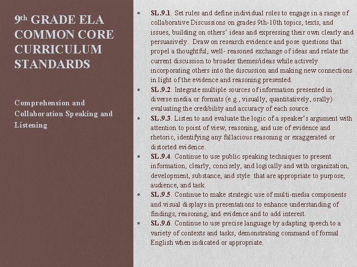 9 th GRADE ELA COMMON CORE CURRICULUM STANDARDS Comprehension and Collaboration Speaking and Listening