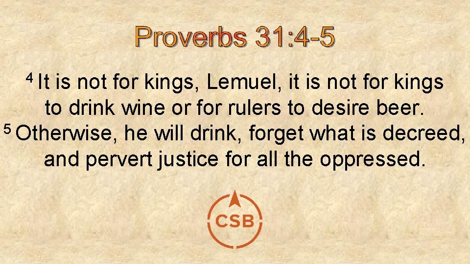 4 It is not for kings, Lemuel, it is not for kings to drink