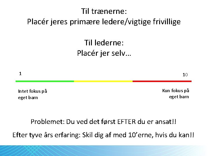 Til trænerne: Placér jeres primære ledere/vigtige frivillige Til lederne: Placér jer selv… 1 10