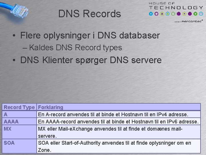 DNS Records • Flere oplysninger i DNS databaser – Kaldes DNS Record types •