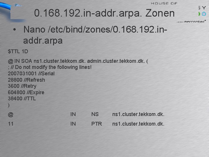 0. 168. 192. in-addr. arpa. Zonen • Nano /etc/bind/zones/0. 168. 192. inaddr. arpa $TTL