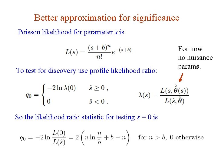 Better approximation for significance Poisson likelihood for parameter s is To test for discovery