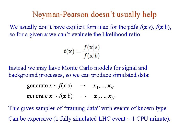 Neyman-Pearson doesn’t usually help We usually don’t have explicit formulae for the pdfs f