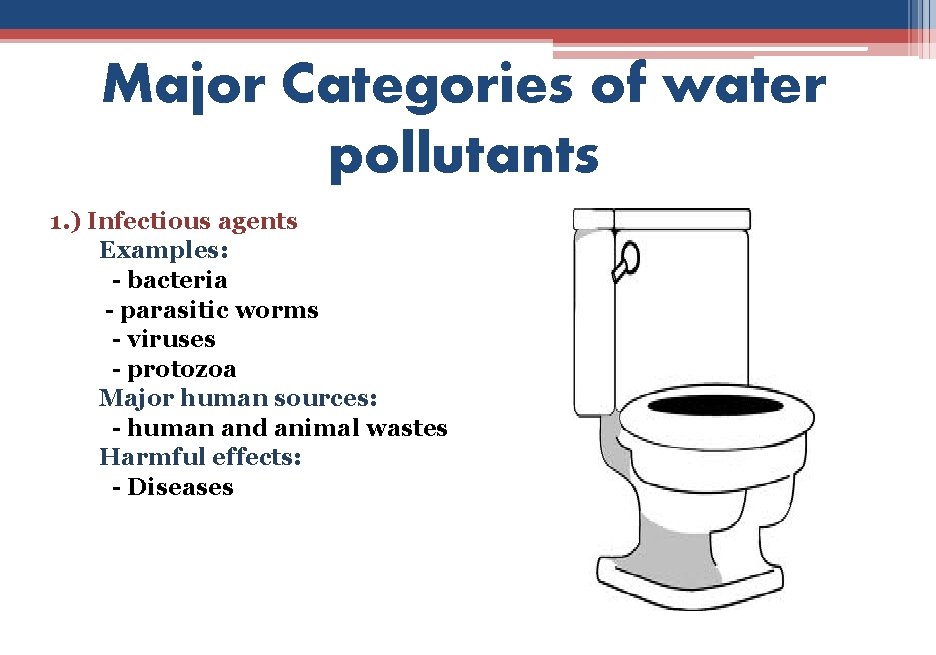 Major Categories of water pollutants 1. ) Infectious agents Examples: - bacteria - parasitic
