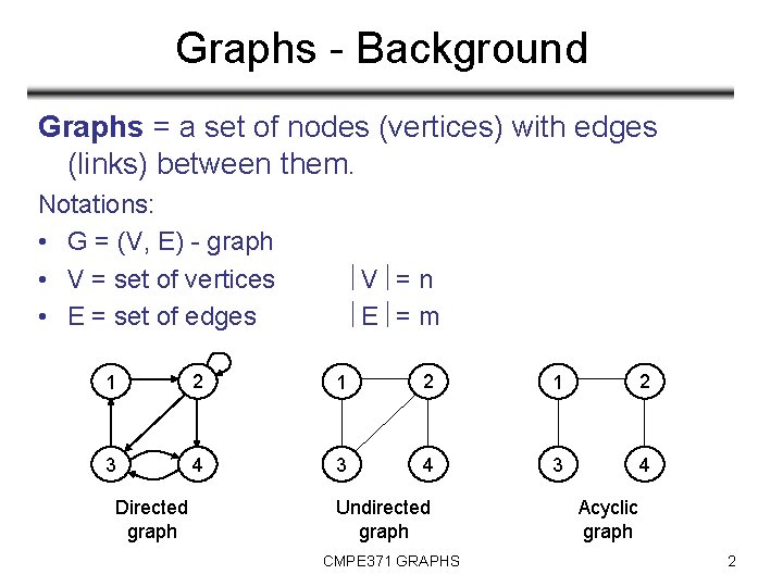 Graphs - Background Graphs = a set of nodes (vertices) with edges (links) between