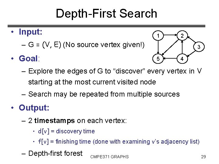 Depth-First Search • Input: 1 2 – G = (V, E) (No source vertex