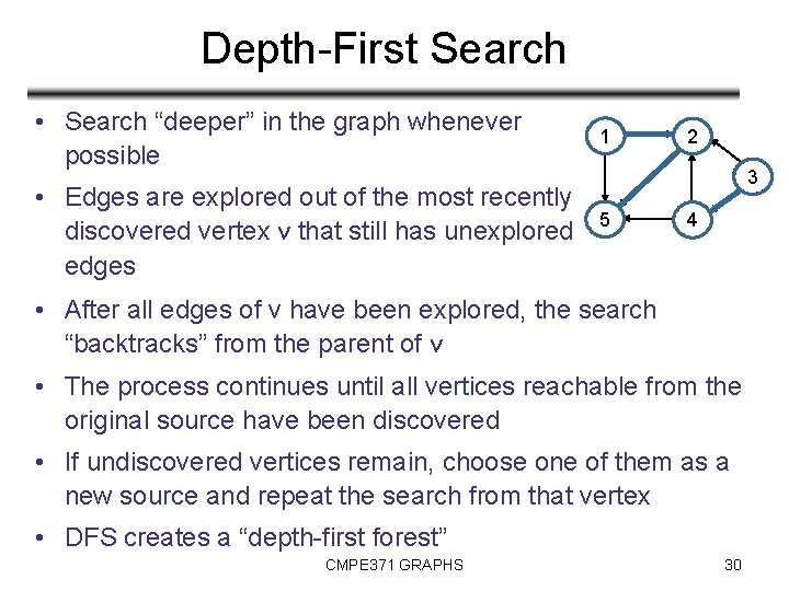 Depth-First Search • Search “deeper” in the graph whenever possible • Edges are explored