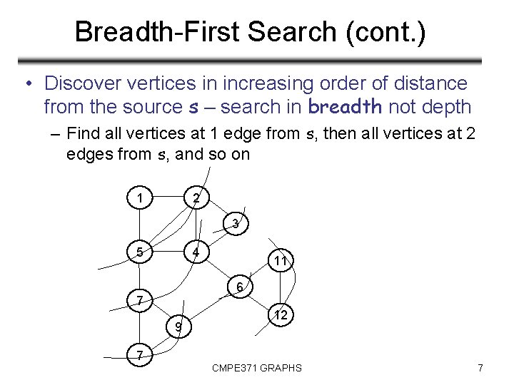 Breadth-First Search (cont. ) • Discover vertices in increasing order of distance from the