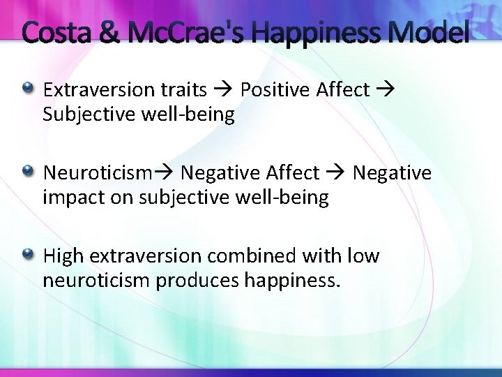 Costa & Mc. Crae's Happiness Model Extraversion traits Positive Affect Subjective well-being Neuroticism Negative