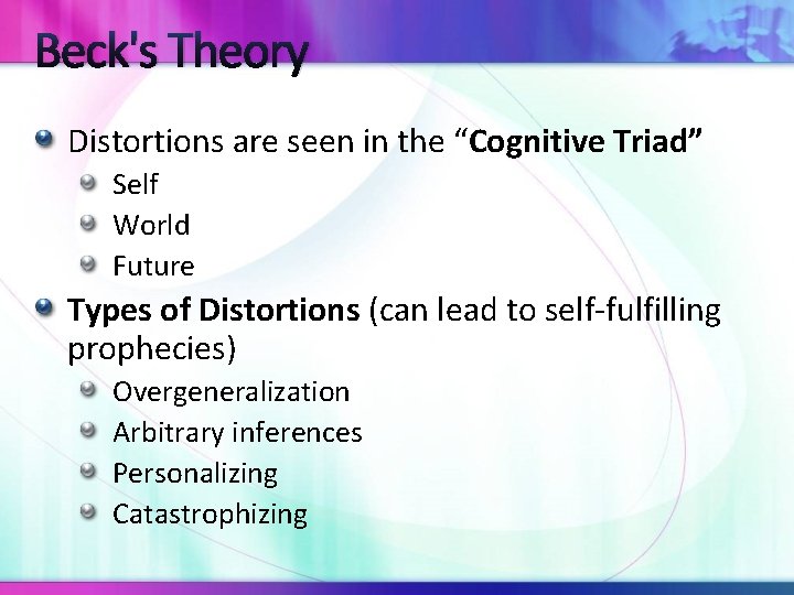 Beck's Theory Distortions are seen in the “Cognitive Triad” Self World Future Types of