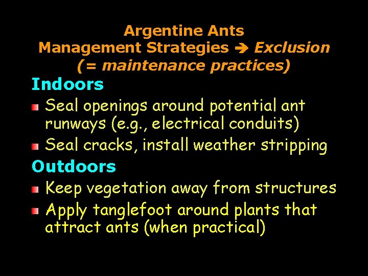 Argentine Ants Management Strategies Exclusion (= maintenance practices) Indoors Seal openings around potential ant