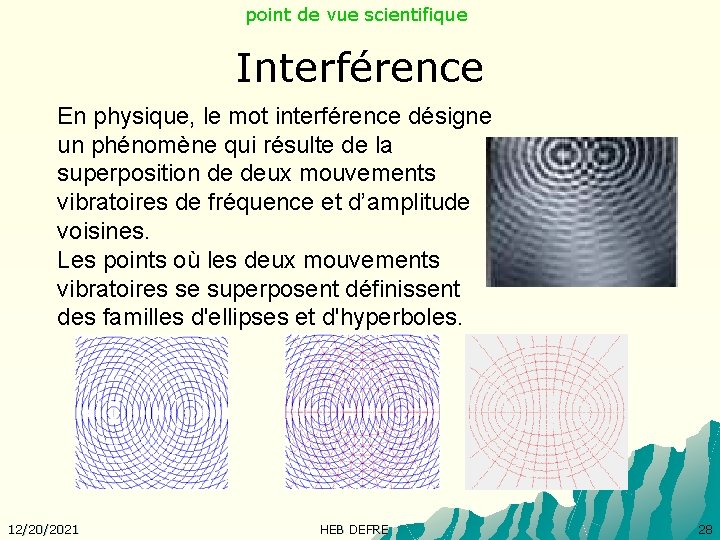 point de vue scientifique Interférence En physique, le mot interférence désigne un phénomène qui