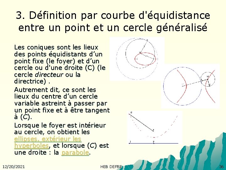 3. Définition par courbe d'équidistance entre un point et un cercle généralisé Les coniques