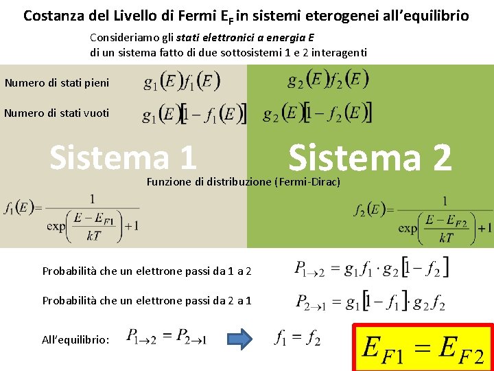 Costanza del Livello di Fermi EF in sistemi eterogenei all’equilibrio Consideriamo gli stati elettronici