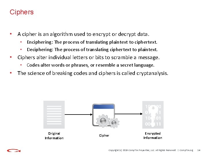Ciphers • A cipher is an algorithm used to encrypt or decrypt data. •