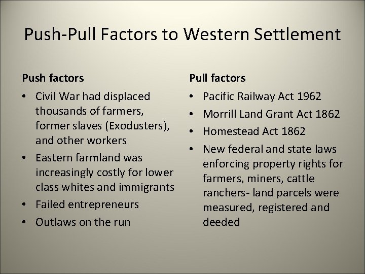 Push-Pull Factors to Western Settlement Push factors Pull factors • Civil War had displaced