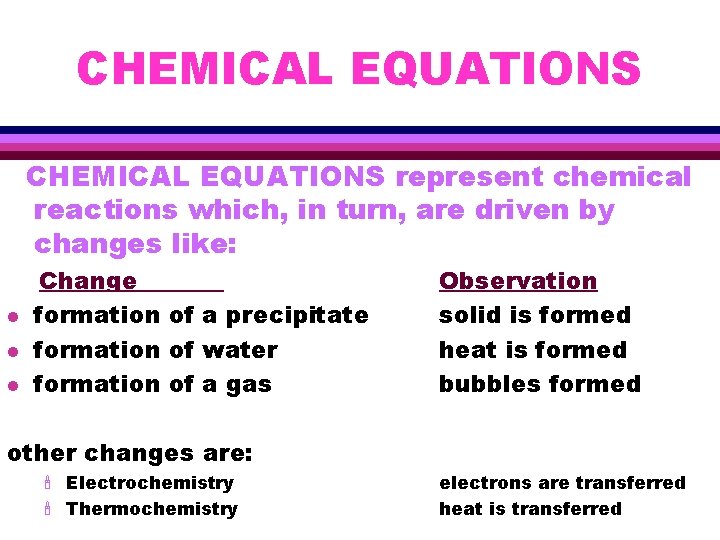 CHEMICAL EQUATIONS represent chemical reactions which, in turn, are driven by changes like: l