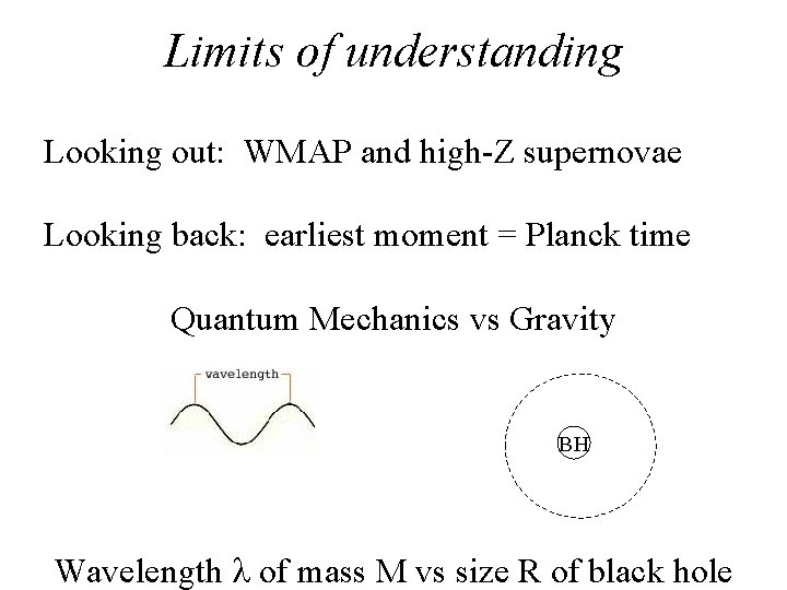 Limits of understanding Looking out: WMAP and high-Z supernovae Looking back: earliest moment =