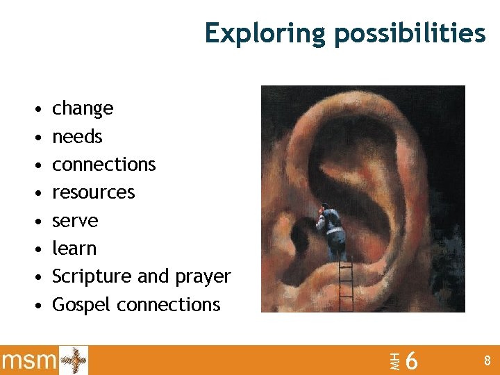 Exploring possibilities change needs connections resources serve learn Scripture and prayer Gospel connections MH