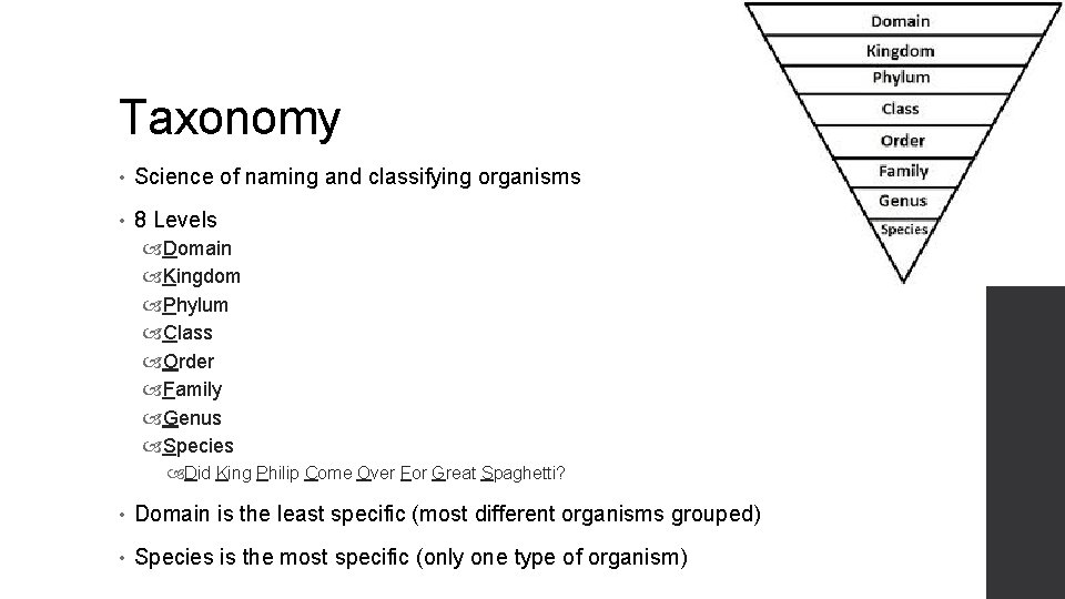 Taxonomy • Science of naming and classifying organisms • 8 Levels Domain Kingdom Phylum