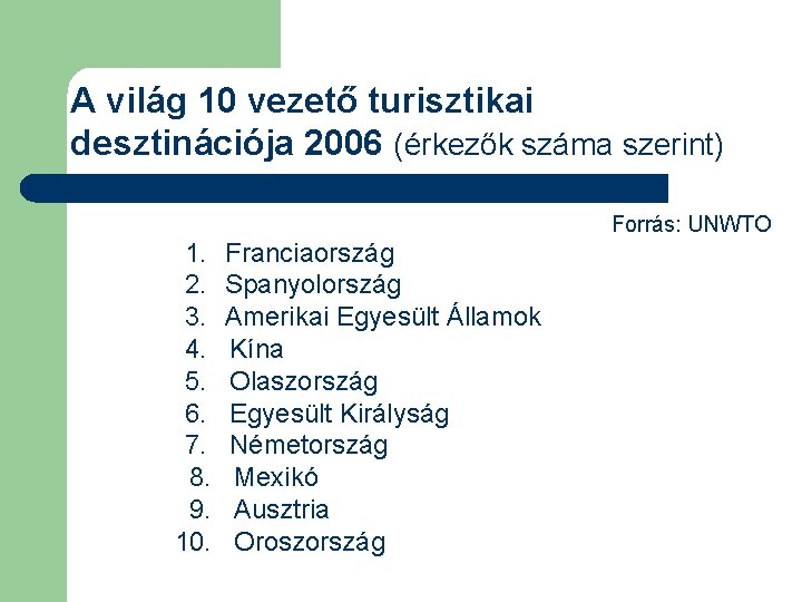 A világ 10 vezető turisztikai desztinációja 2006 (érkezők száma szerint) Forrás: UNWTO 1. 2.