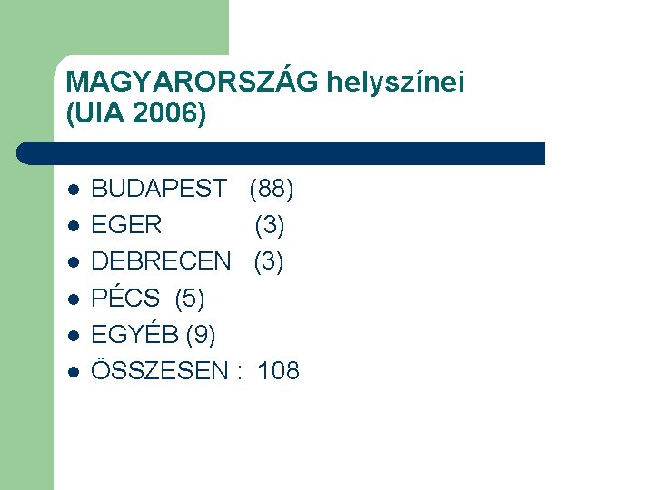 MAGYARORSZÁG helyszínei (UIA 2006) l l l BUDAPEST (88) EGER (3) DEBRECEN (3) PÉCS