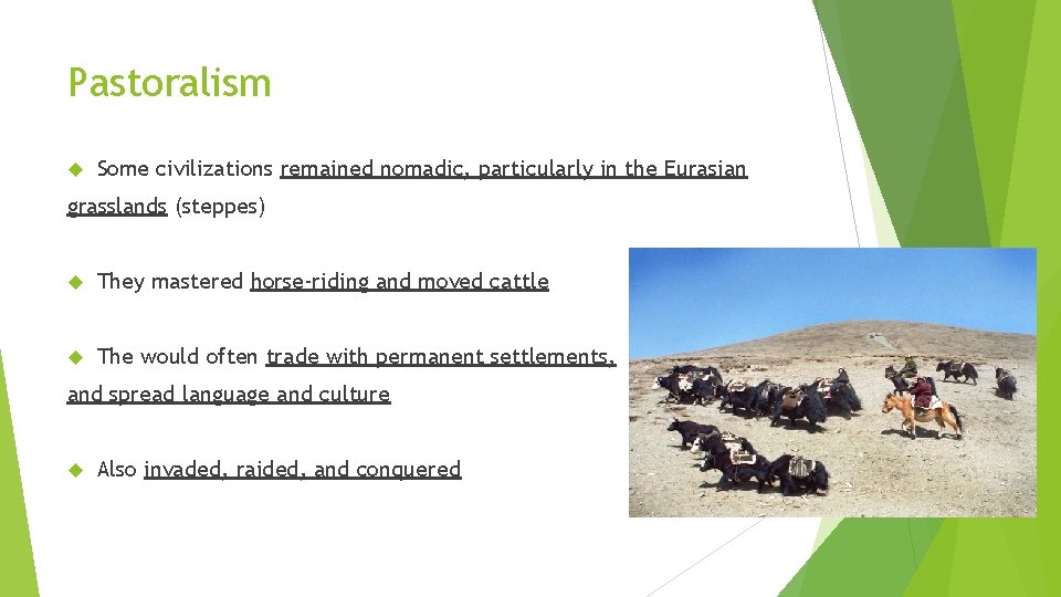 Pastoralism Some civilizations remained nomadic, particularly in the Eurasian grasslands (steppes) They mastered horse-riding