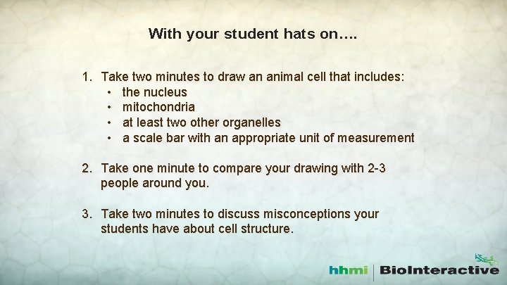 With your student hats on…. 1. Take two minutes to draw an animal cell