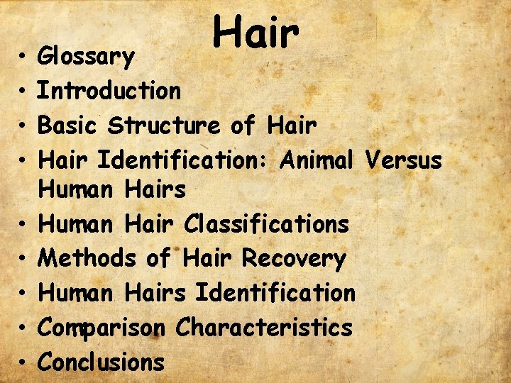  • • • Hair Glossary Introduction Basic Structure of Hair Identification: Animal Versus