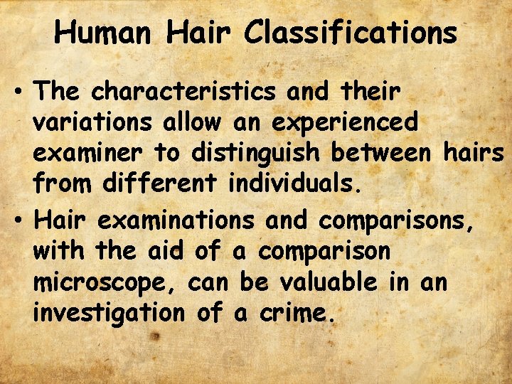 Human Hair Classifications • The characteristics and their variations allow an experienced examiner to