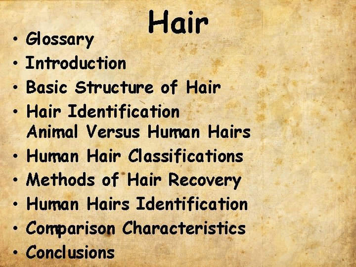  • • • Hair Glossary Introduction Basic Structure of Hair Identification Animal Versus