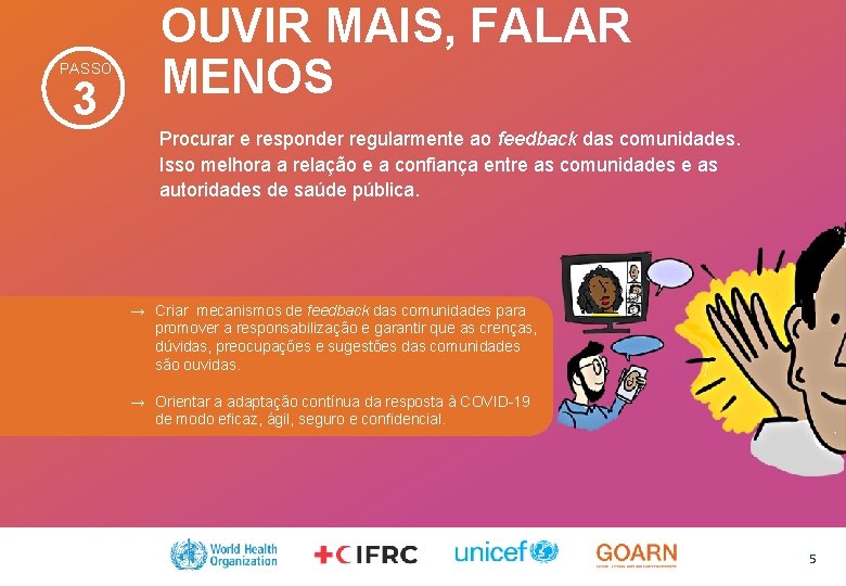 PASSO 3 OUVIR MAIS, FALAR MENOS Procurar e responder regularmente ao feedback das comunidades.