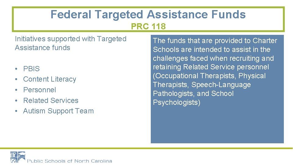 Federal Targeted Assistance Funds PRC 118 Initiatives supported with Targeted Assistance funds • •