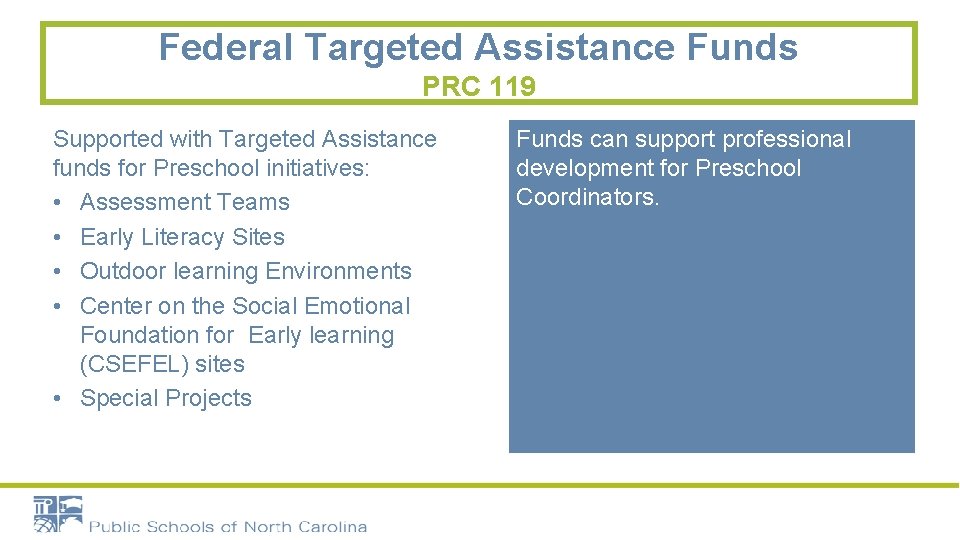 Federal Targeted Assistance Funds PRC 119 Supported with Targeted Assistance funds for Preschool initiatives: