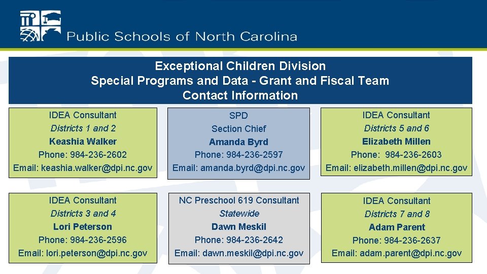 Exceptional Children Division Special Programs and Data - Grant and Fiscal Team Contact Information