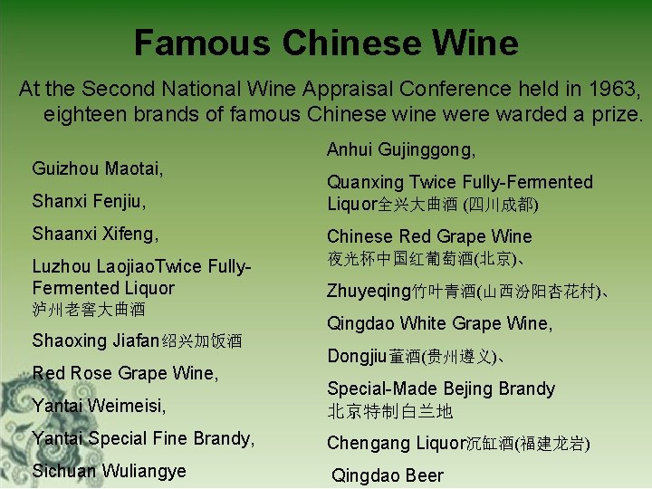 Famous Chinese Wine At the Second National Wine Appraisal Conference held in 1963, eighteen