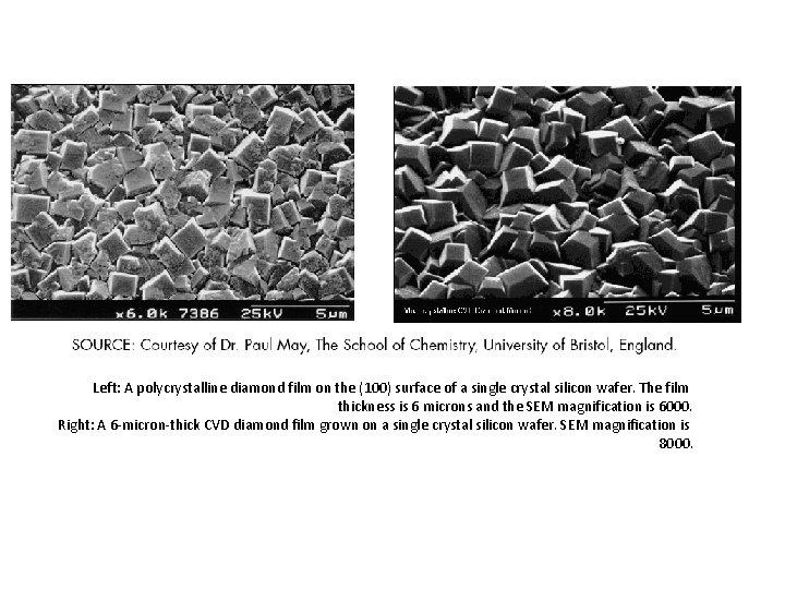 Left: A polycrystalline diamond film on the (100) surface of a single crystal silicon