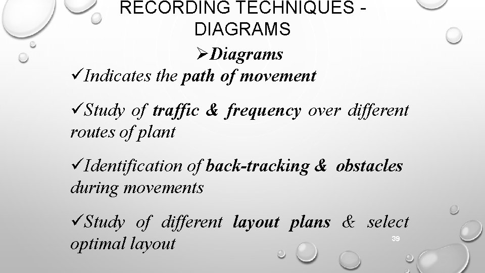RECORDING TECHNIQUES DIAGRAMS Diagrams Indicates the path of movement Study of traffic & frequency