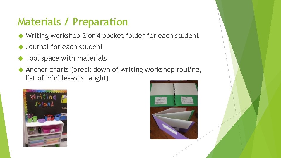 Materials / Preparation Writing workshop 2 or 4 pocket folder for each student Journal