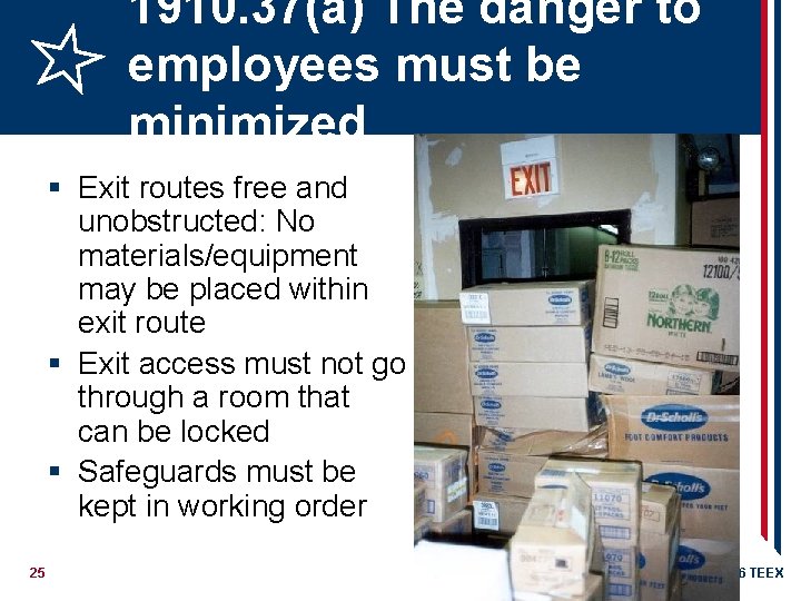 1910. 37(a) The danger to employees must be minimized § Exit routes free and