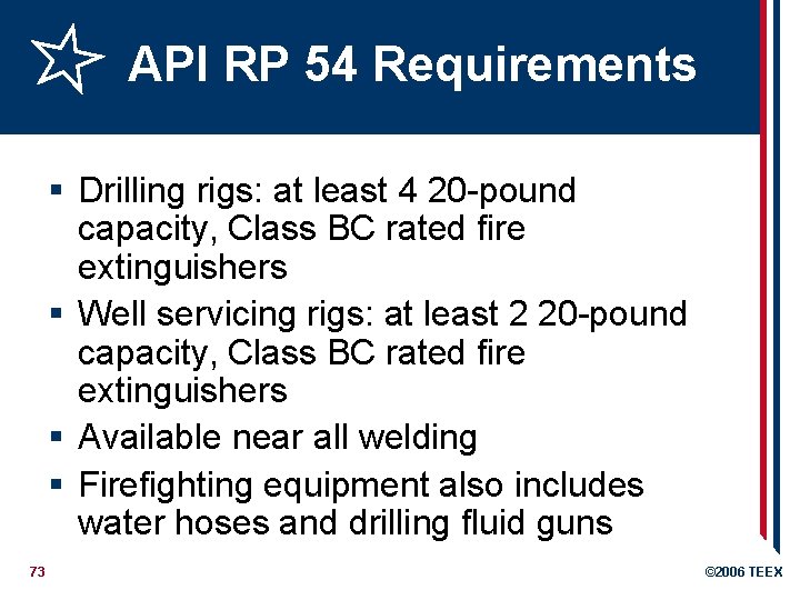 API RP 54 Requirements § Drilling rigs: at least 4 20 -pound capacity, Class