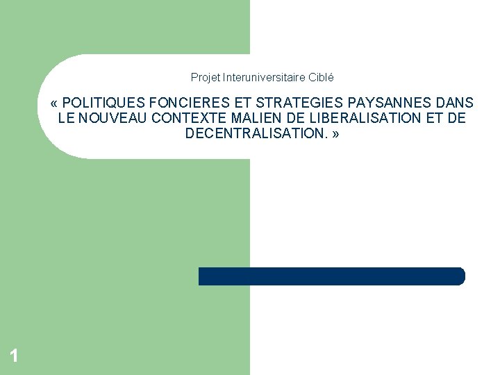 Projet Interuniversitaire Ciblé « POLITIQUES FONCIERES ET STRATEGIES PAYSANNES DANS LE NOUVEAU CONTEXTE MALIEN