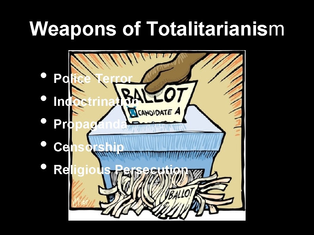 Weapons of Totalitarianism • Police Terror • Indoctrination • Propaganda • Censorship • Religious