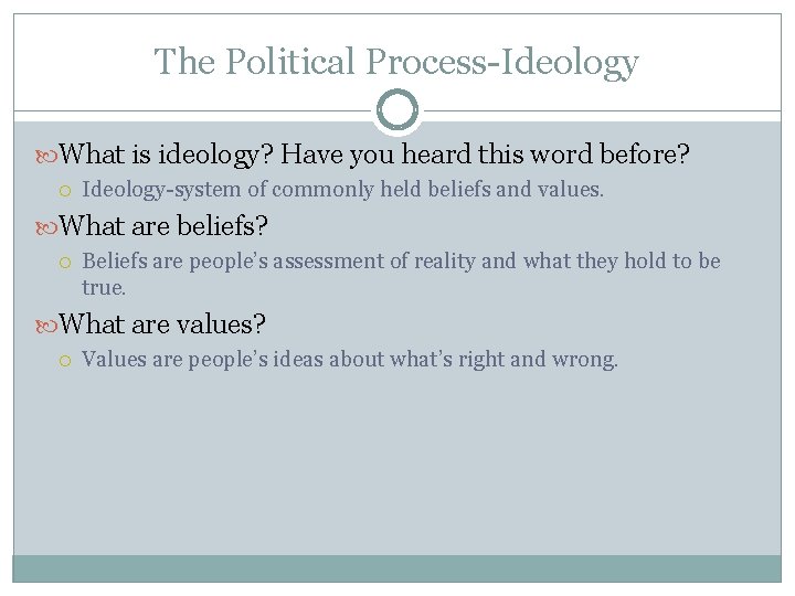 The Political Process-Ideology What is ideology? Have you heard this word before? Ideology-system of