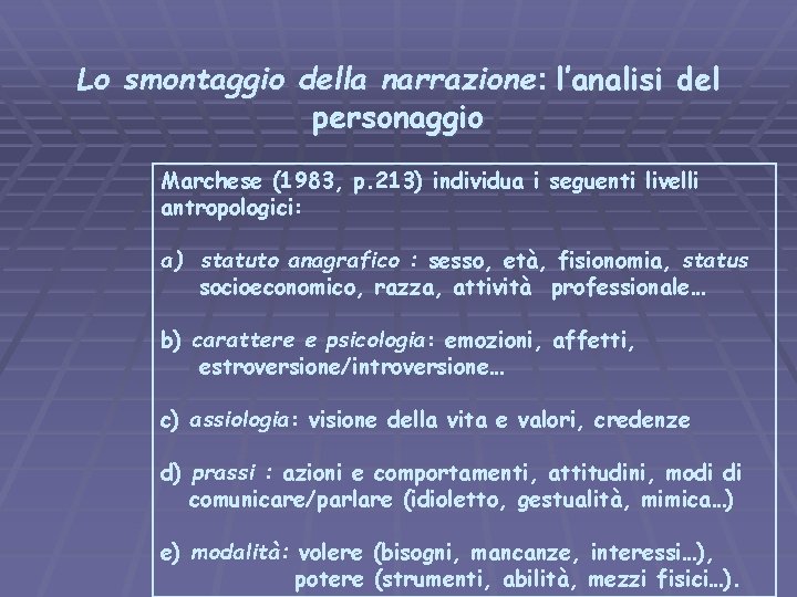 Lo smontaggio della narrazione: l’analisi del personaggio Marchese (1983, p. 213) individua i seguenti