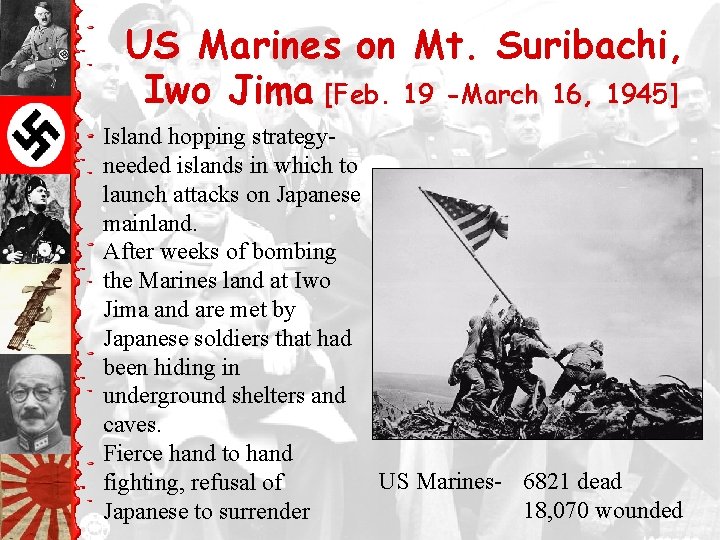 US Marines on Mt. Suribachi, Iwo Jima [Feb. 19 -March 16, 1945] Island hopping