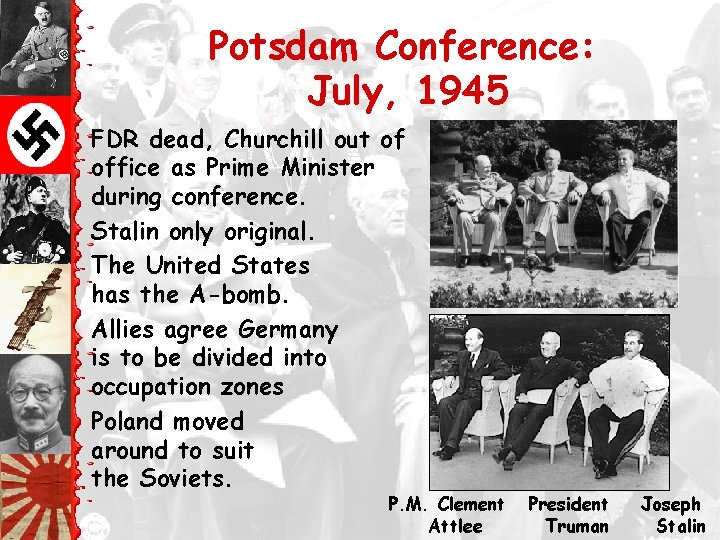 Potsdam Conference: July, 1945 FDR dead, Churchill out of office as Prime Minister during