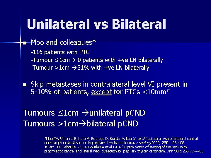 Unilateral vs Bilateral n Moo and colleagues* -116 patients with PTC -Tumour ≤ 1 Unilateral vs Bilateral n Moo and colleagues* -116 patients with PTC -Tumour ≤ 1