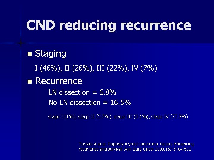 CND reducing recurrence n Staging I (46%), II (26%), III (22%), IV (7%) n CND reducing recurrence n Staging I (46%), II (26%), III (22%), IV (7%) n