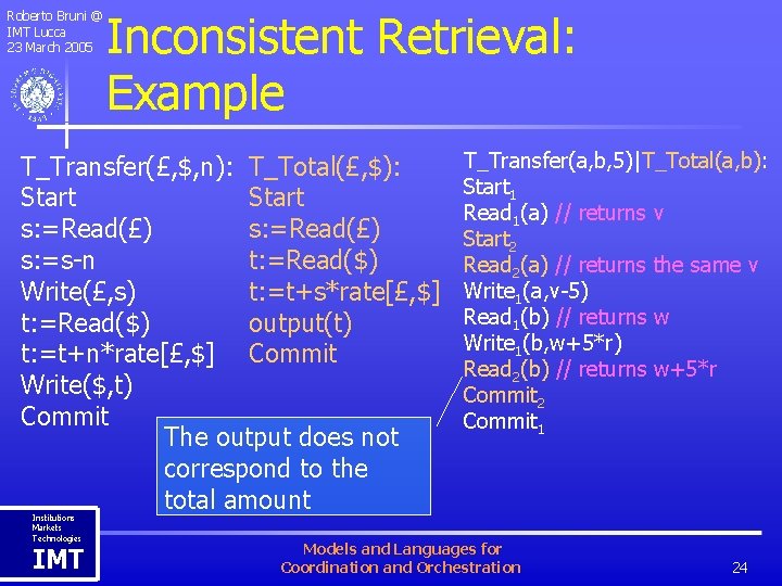 Roberto Bruni @ IMT Lucca 23 March 2005 Inconsistent Retrieval: Example T_Transfer(£, $, n):